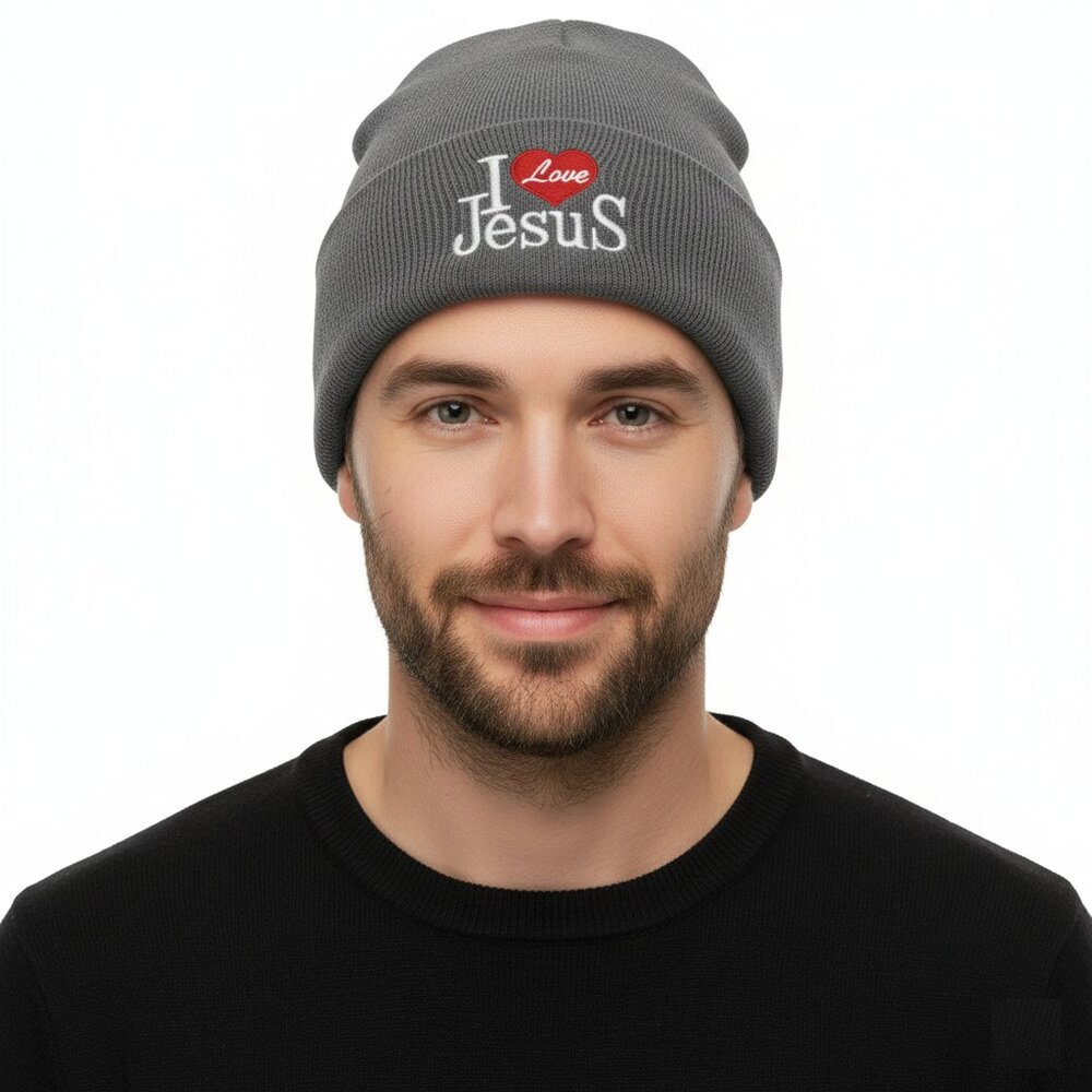 "I Love Jesus" Winter Fleece-Lined Hat, Grey